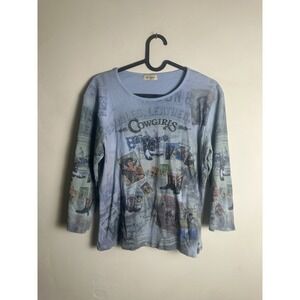 Cactus Fashion Blue 100% Cotton 3/4 Sleeve‎ Y2K Cowgirl X-Large Top Made In USA